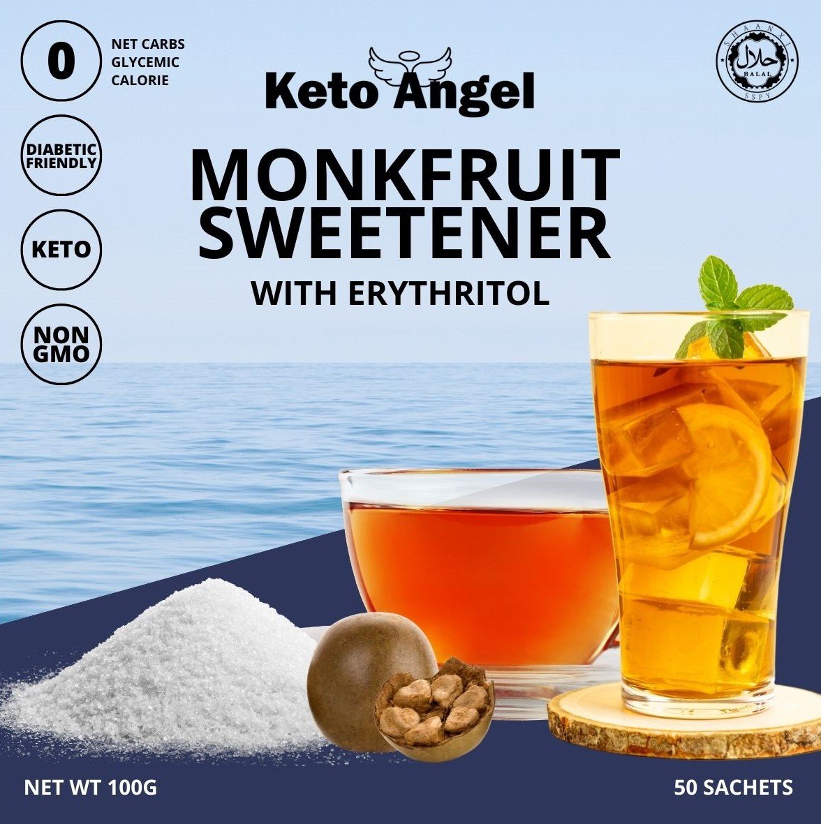 Keto Angel Monk Fruit Sweetener With Erythritol 6X Sweeter 50 sachets x 2g