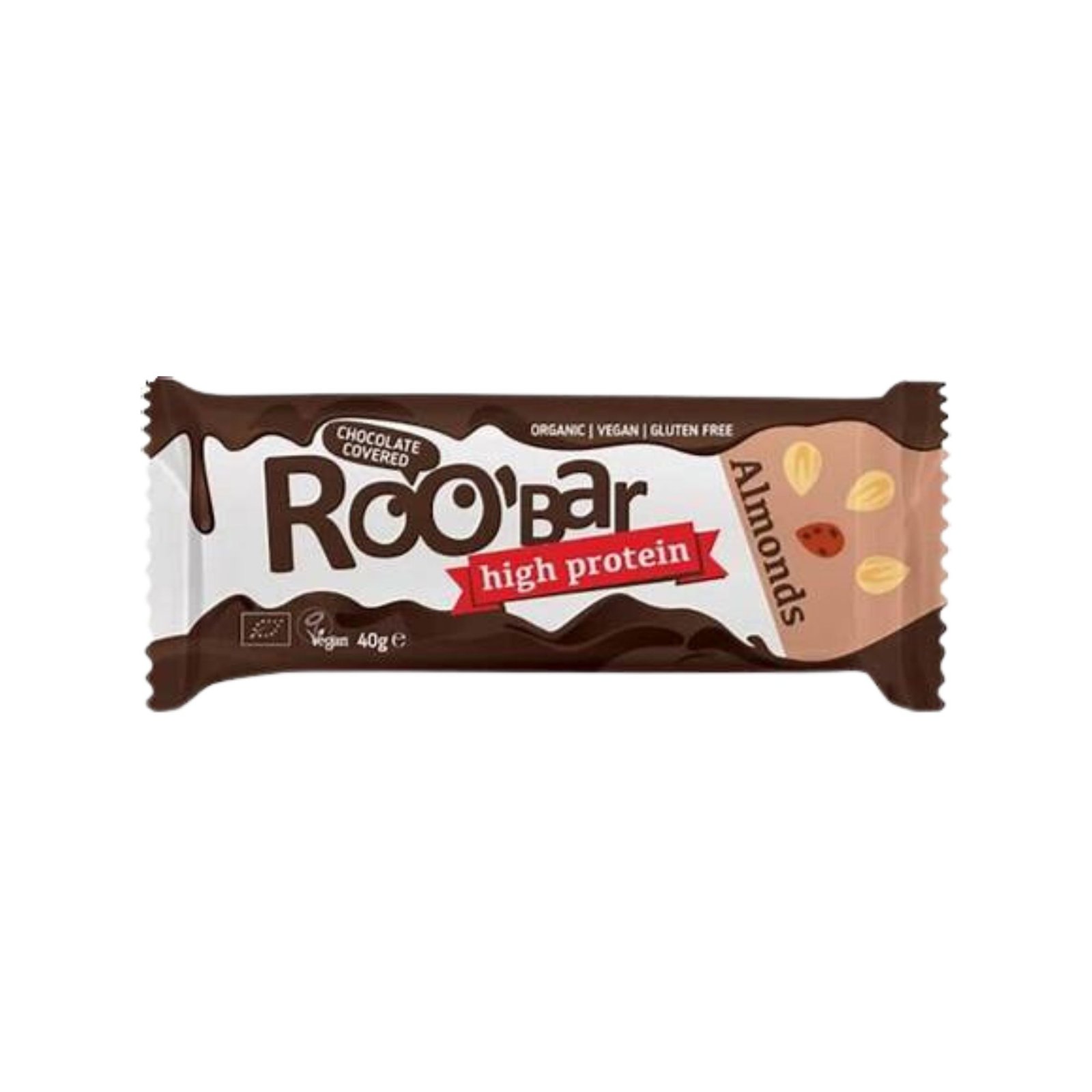 Roobar Organic Almond Protein Bar Covered with Chocolate 40g Roobar Organic Protein Almond Bar Covered With Chocolate 40g - Image 1