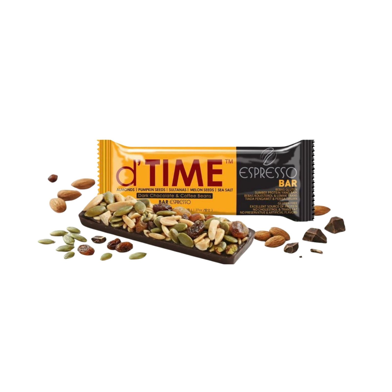 d'TIME Dark Choc Expresso Energy bar with Fruits & Nuts 30 g d'TIME Dark Choc Espresso Energy bar with Fruits & Nuts 30g - Image 1
